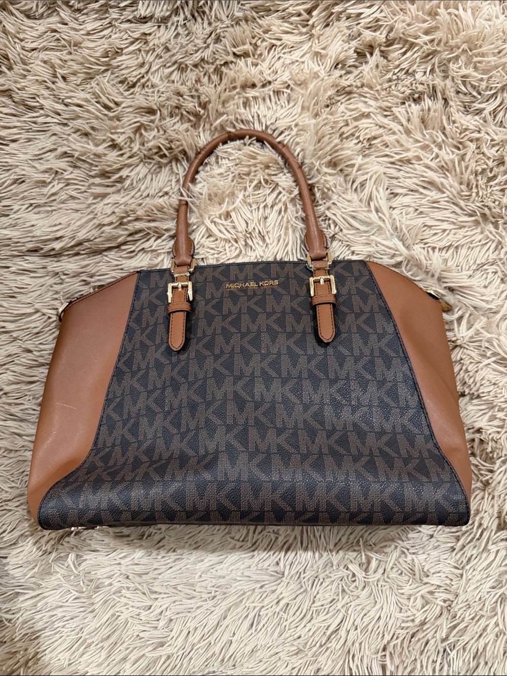 Michael Kors Brown MK Logo Satchel with Tan Trim